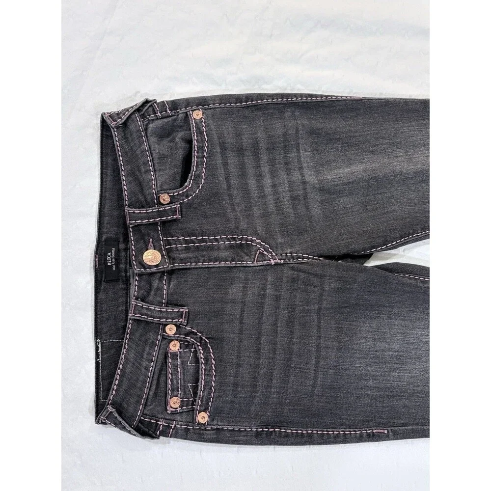 True Religion Becca Women Pink Big T Stitch Bootcut Jeans Washed Black Size 27